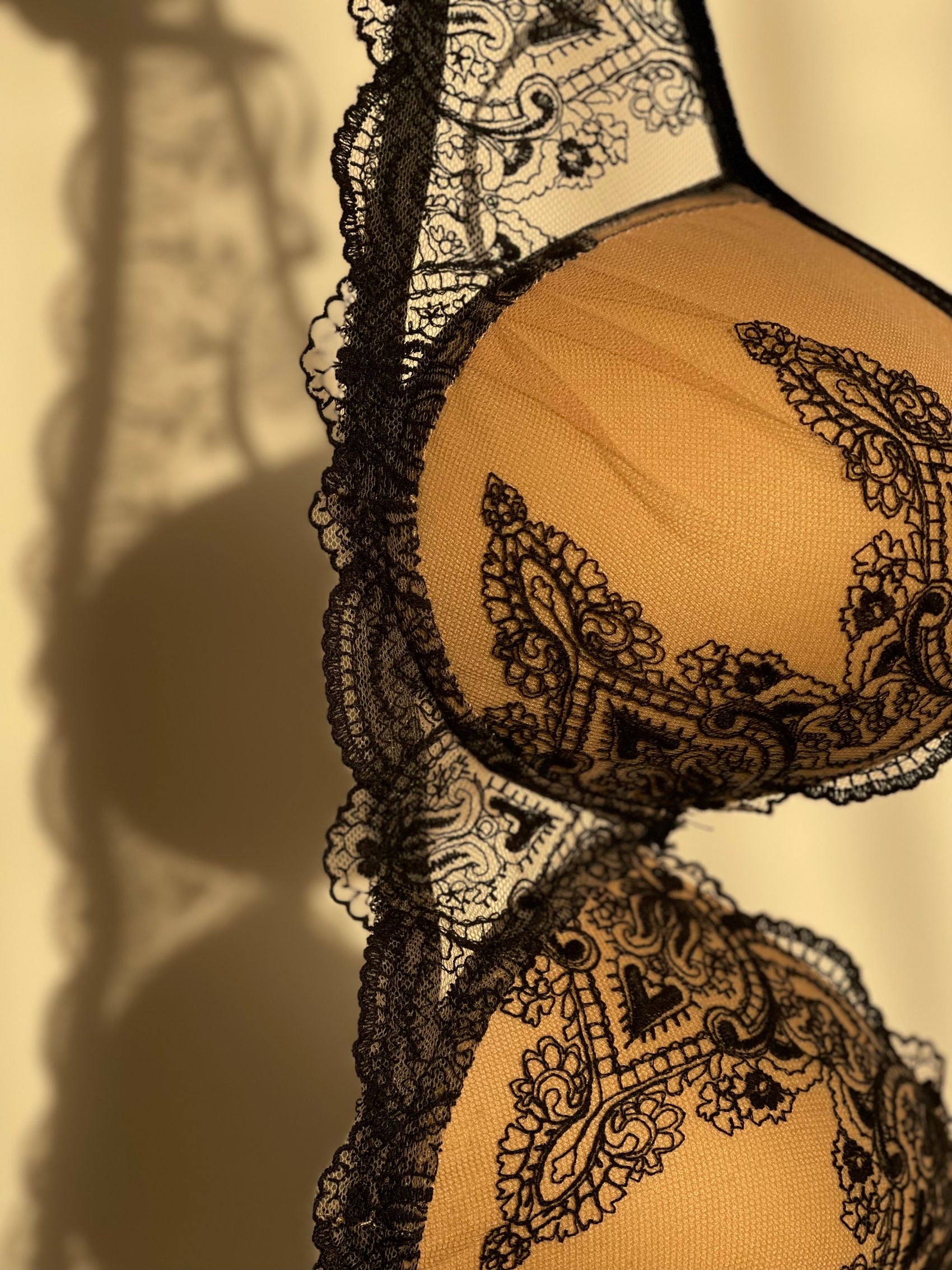 Refined black lace lingerie with warm shadows on a golden background